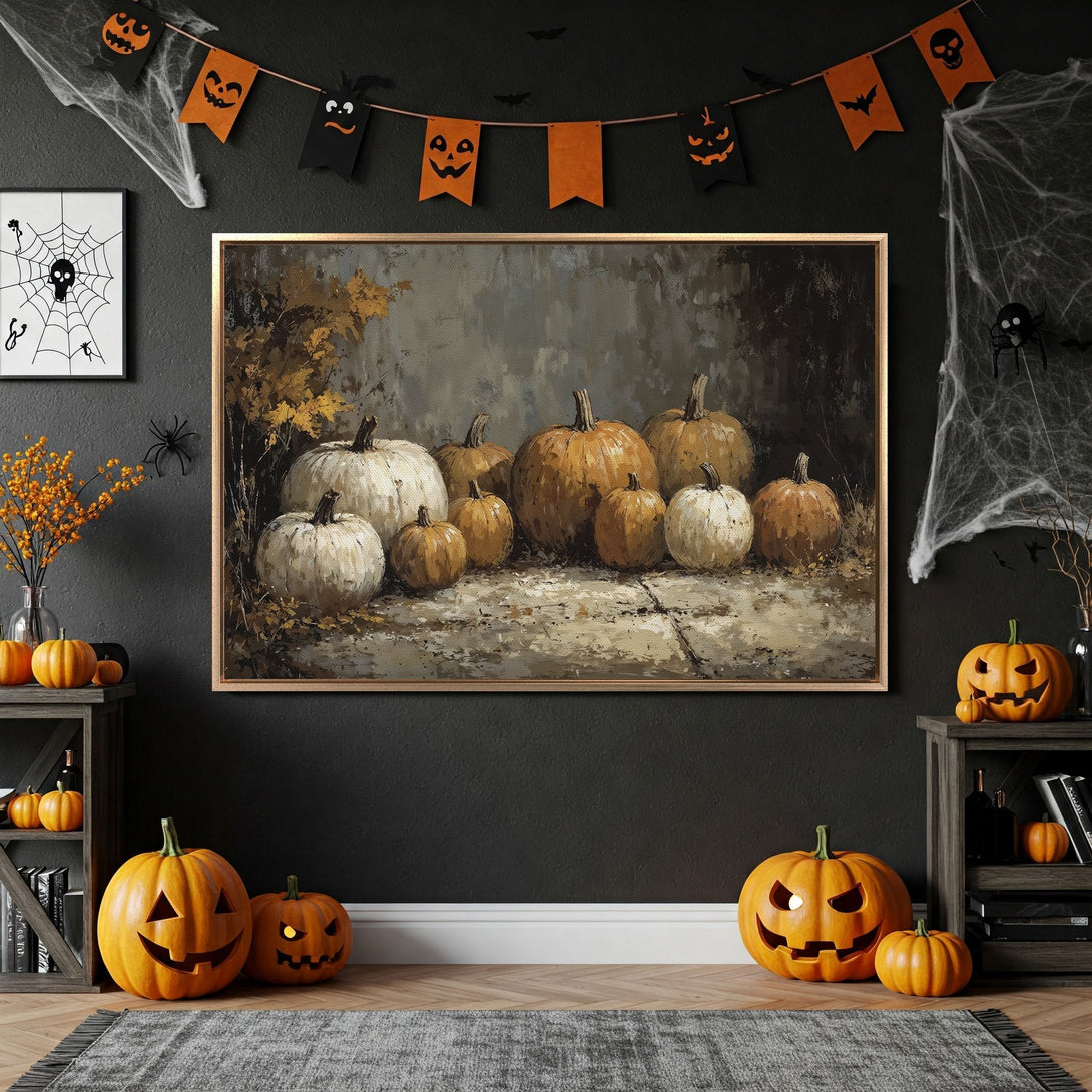 Framed Wall Art of pumpkins in a moody, painterly style. Earthy tones with a Halloween theme. Perfect for fall decor.