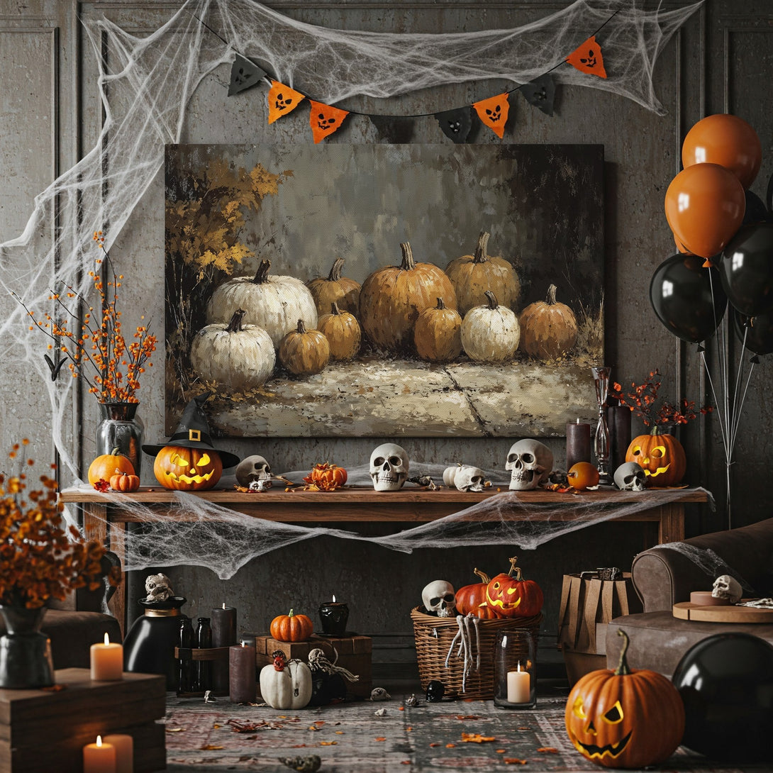 Framed Wall Art featuring a pumpkin still life in a moody, painterly style with warm, autumnal tones. Perfect for Halloween decor!