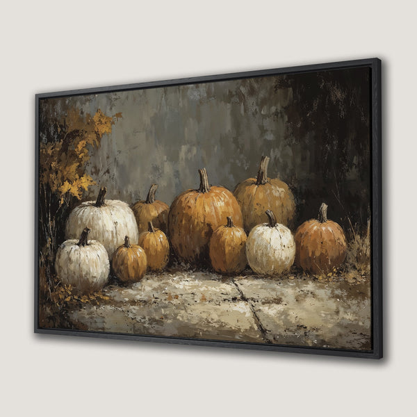 Framed Wall Art featuring a still life of pumpkins in a rustic, painterly style. Warm orange and neutral tones create a cozy autumn vibe.
