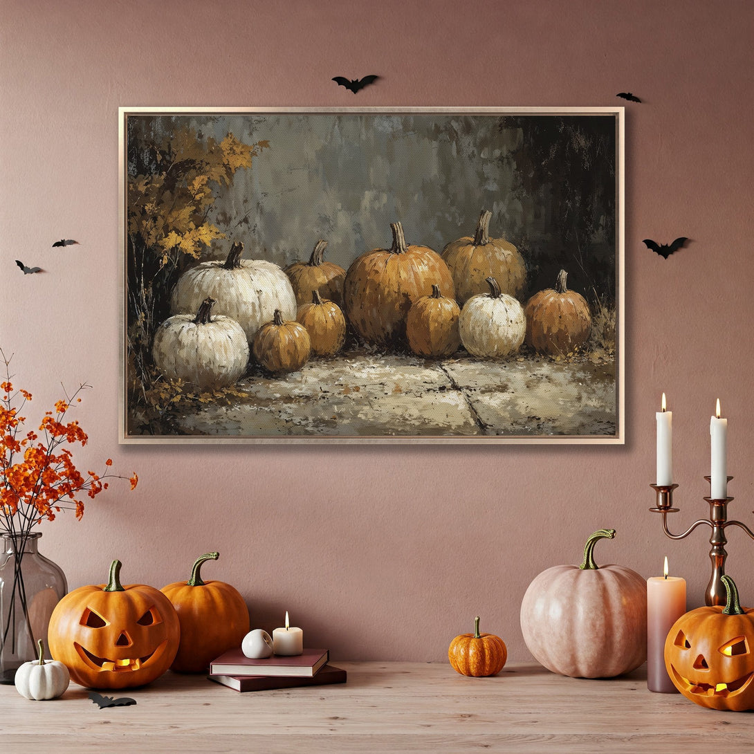 Framed Wall Art: Autumnal pumpkin painting in warm tones, perfect for fall decor. Enhance your space with this cozy, artistic canvas print.