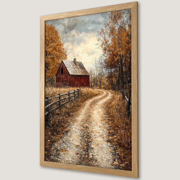 Framed Poster of a rustic barn scene in warm autumn colors. A beautiful landscape art print for your home.