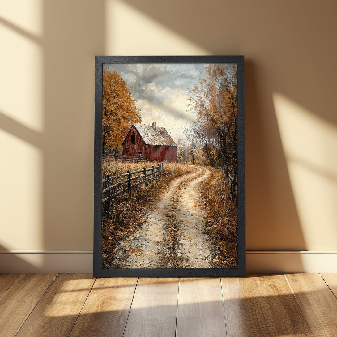Framed Poster of a rustic barn scene in a warm autumn color palette. Perfect wall art for a cozy home.