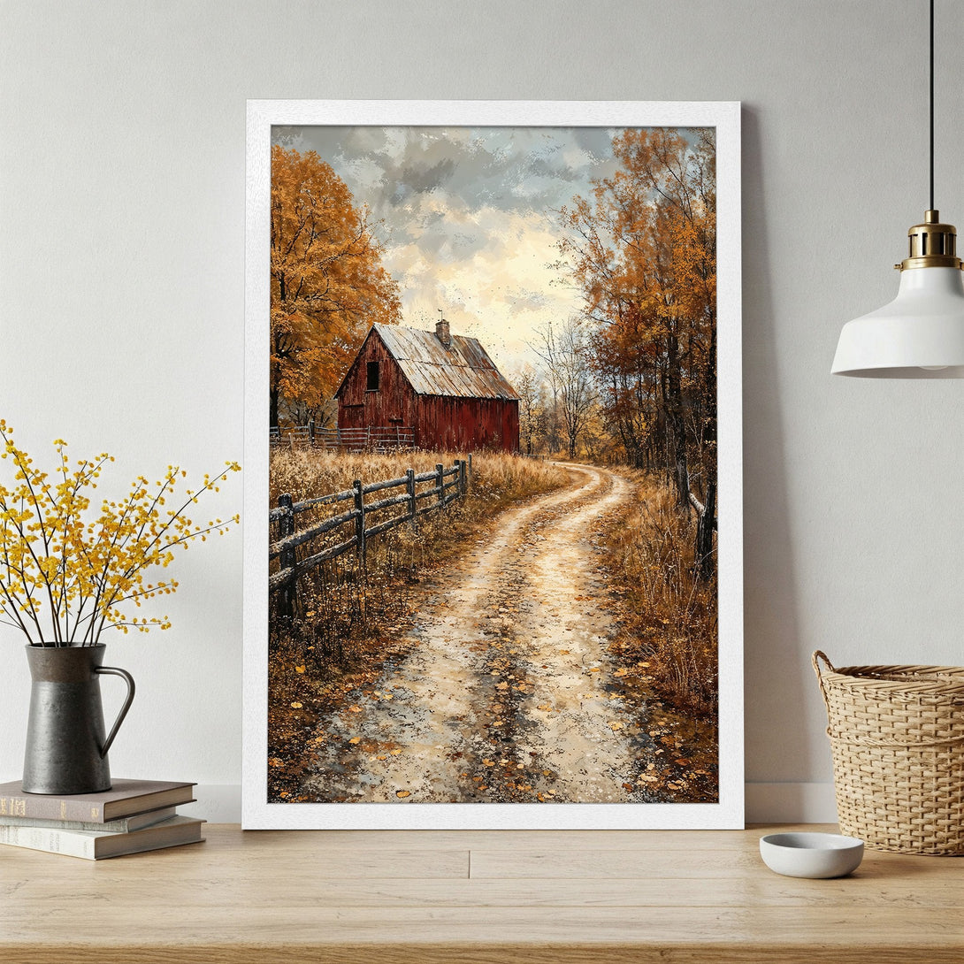 Framed Poster of a rustic barn scene. Warm, autumnal colors and impressionistic style. Perfect for adding cozy charm to your space.