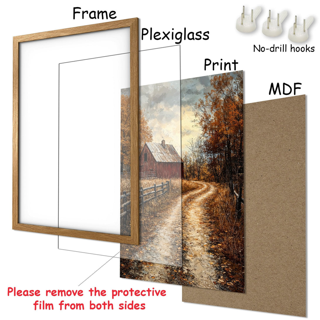 Framed Poster featuring a rustic barn scene in warm autumn tones. Perfect wall art for a cozy home.
