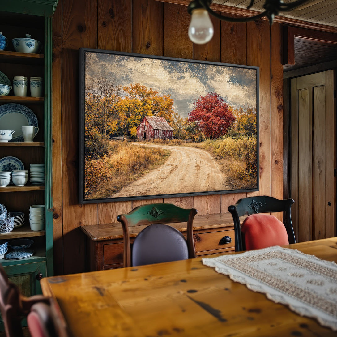 Framed Wall Art: Rustic landscape Canvas Print in warm autumn colors. Perfect for adding a cozy, farmhouse style to your home decor.