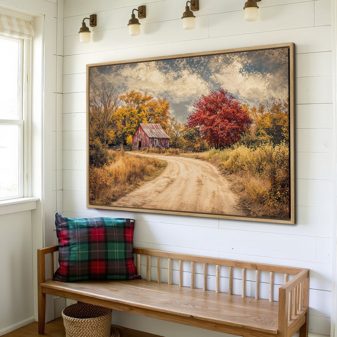 Framed Wall Art: Rustic autumn landscape Canvas Print with a red barn and colorful trees. Warm, inviting color palette perfect for farmhouse decor.