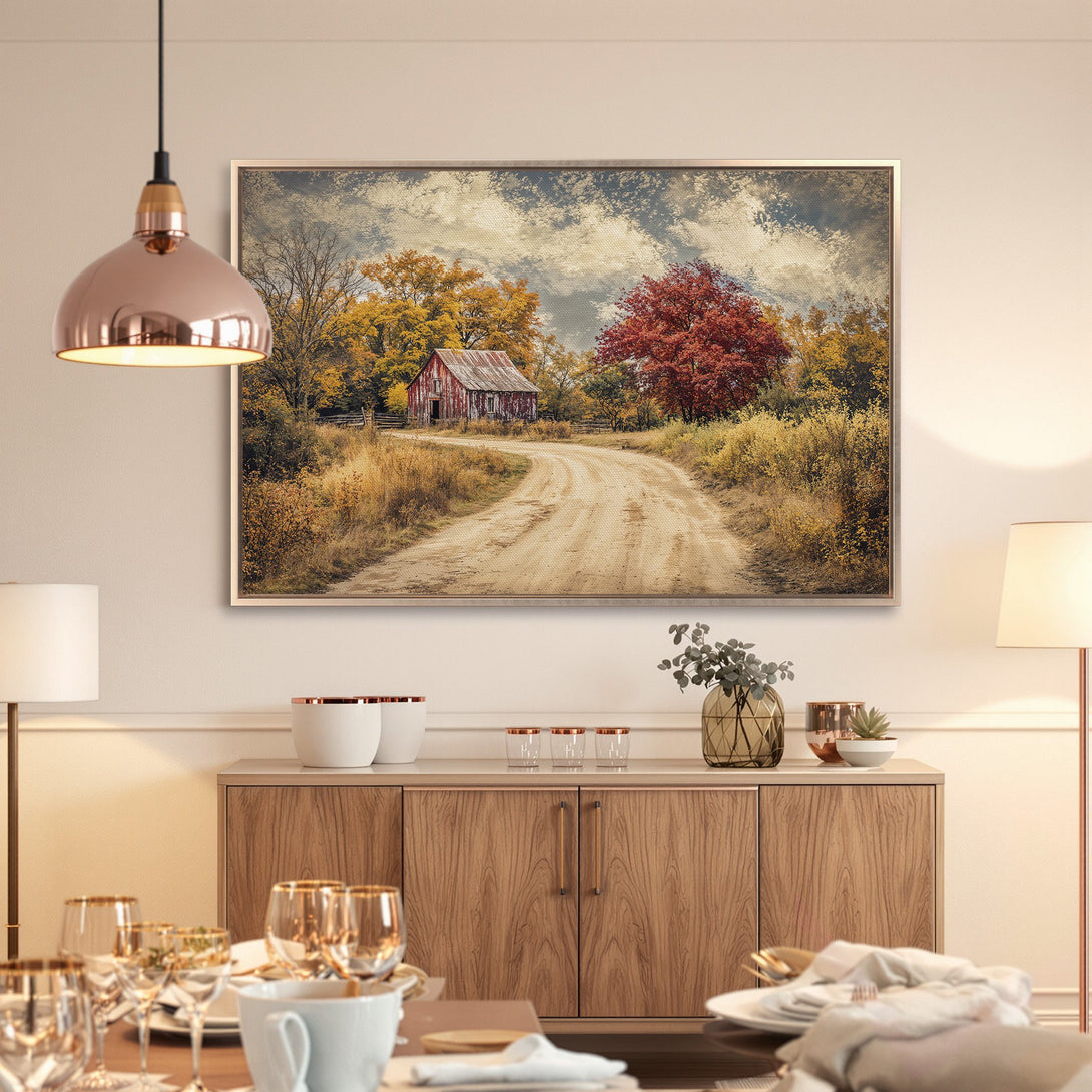 Framed Wall Art: Rustic barn scene in warm autumn hues. Enhance your space with this beautiful landscape canvas print!