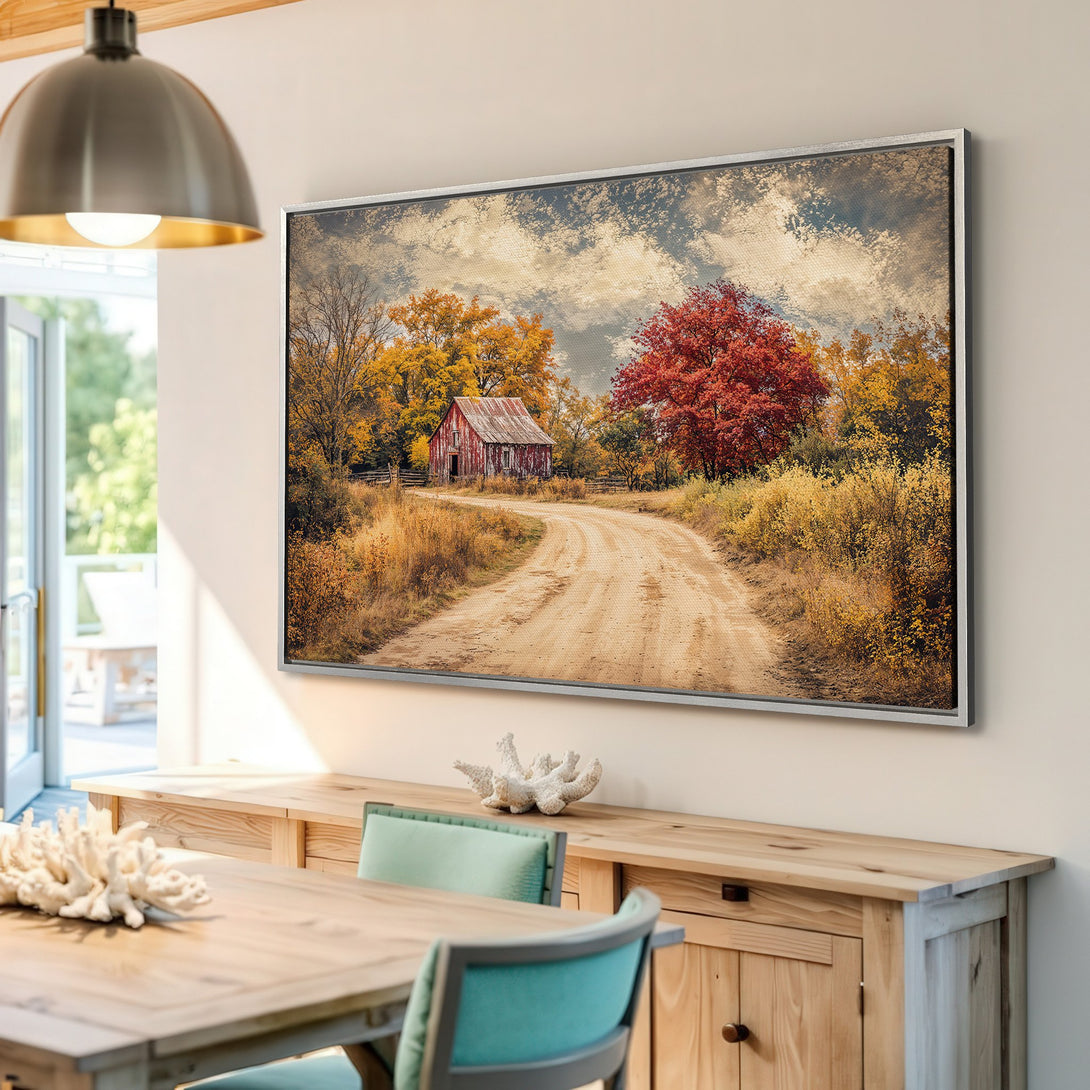 Framed Wall Art: Rustic barn scene in warm autumn colors. Enhance your home decor with this beautiful canvas print featuring fall foliage.