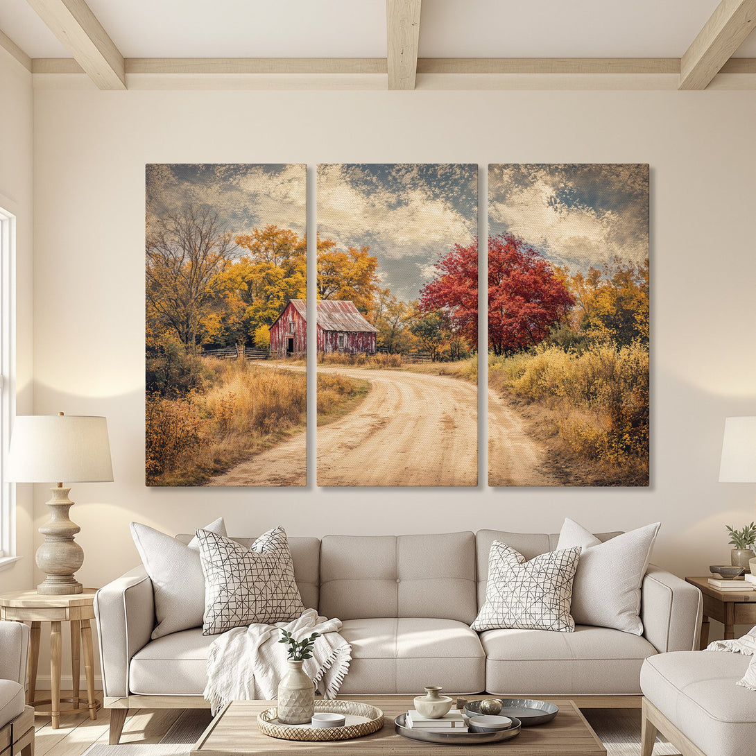 Canvas Print of a rustic barn scene in warm autumn colors. Perfect wall art for a cozy, inviting home.