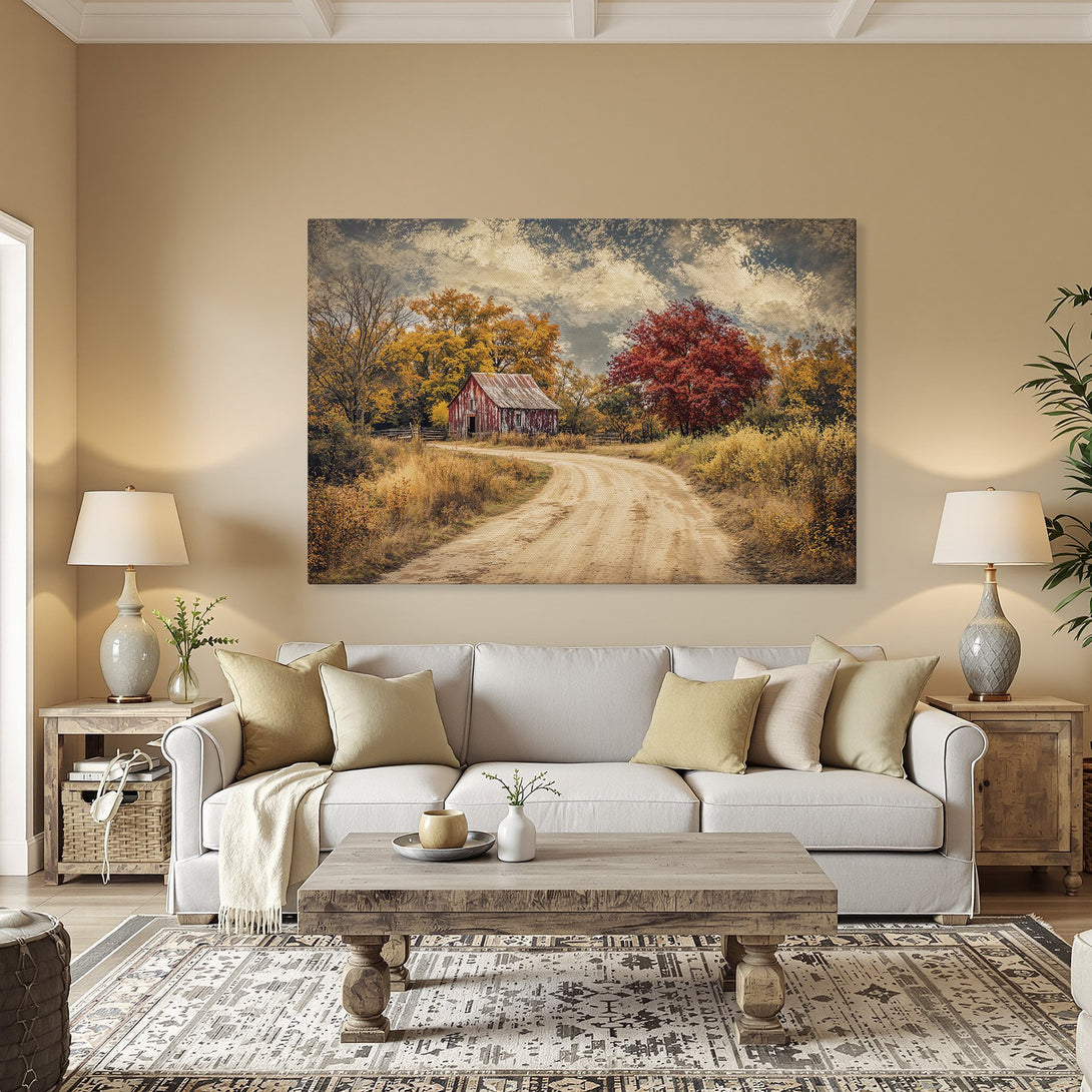 Framed Wall Art: Rustic barn scene in warm autumn colors. Bring the beauty of nature indoors with this stunning Canvas Print.
