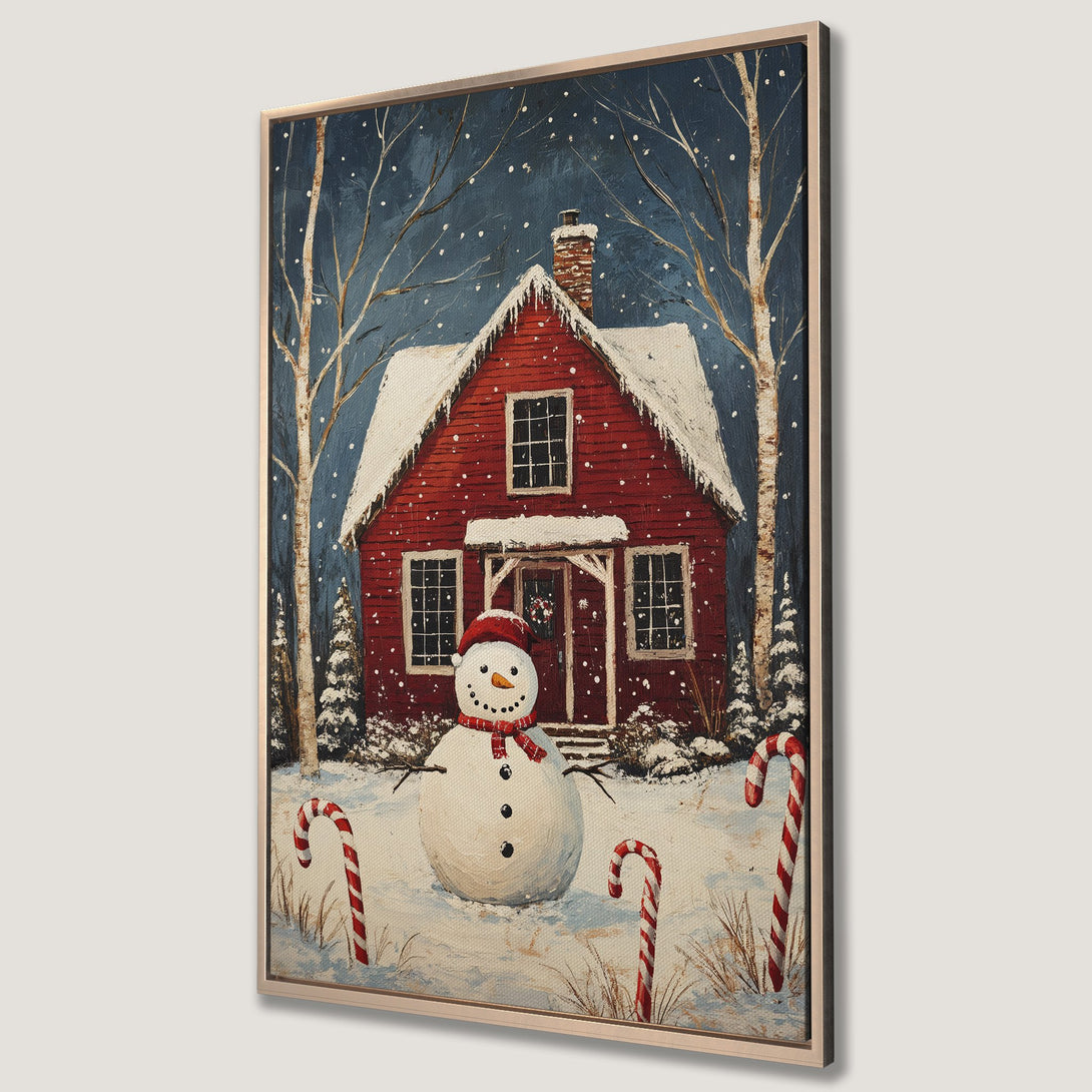 Framed Wall Art: Charming winter scene with snowman, red house, and candy canes. A cozy, festive painting with a blue, red, and white color palette. Perfect holiday decor!