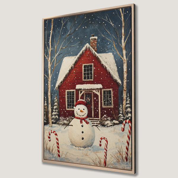 Framed Wall Art: Charming winter scene with snowman, red house, and candy canes. A cozy, festive painting with a blue, red, and white color palette. Perfect holiday decor!