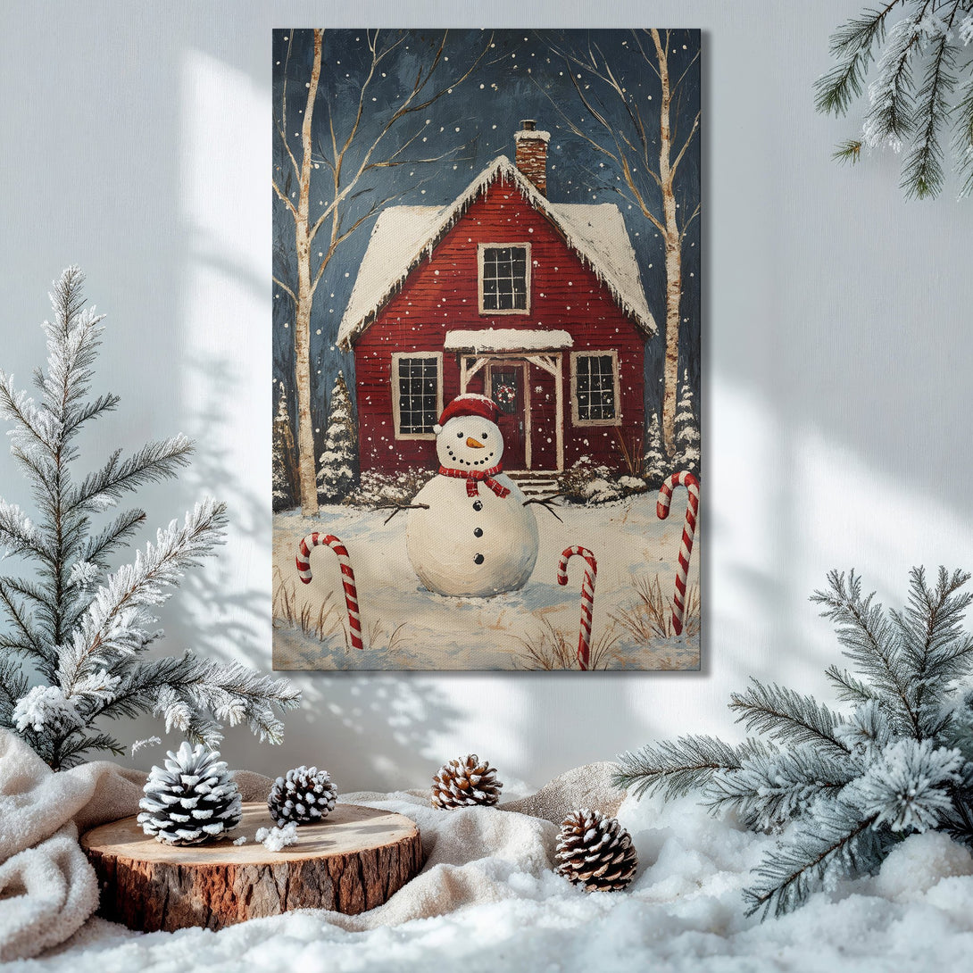 Framed Wall Art: Winter scene Canvas Print with a red house and snowman, set in a cozy interior with a Christmas tree. Warm, inviting color palette.