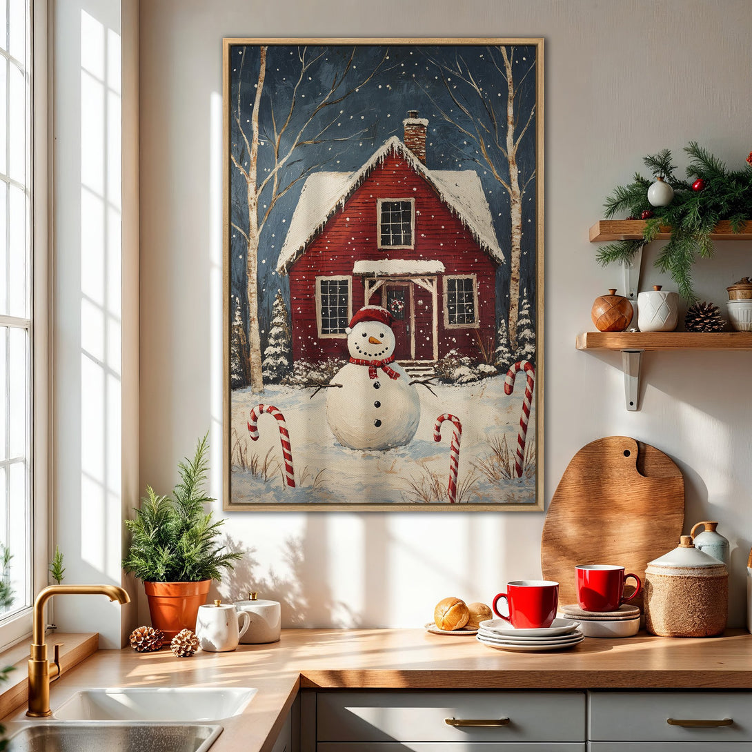 Framed Wall Art: Festive winter scene Canvas Print featuring a snowman and red house. Cozy, rustic style with a blue, red, and white color palette. Perfect holiday decor!