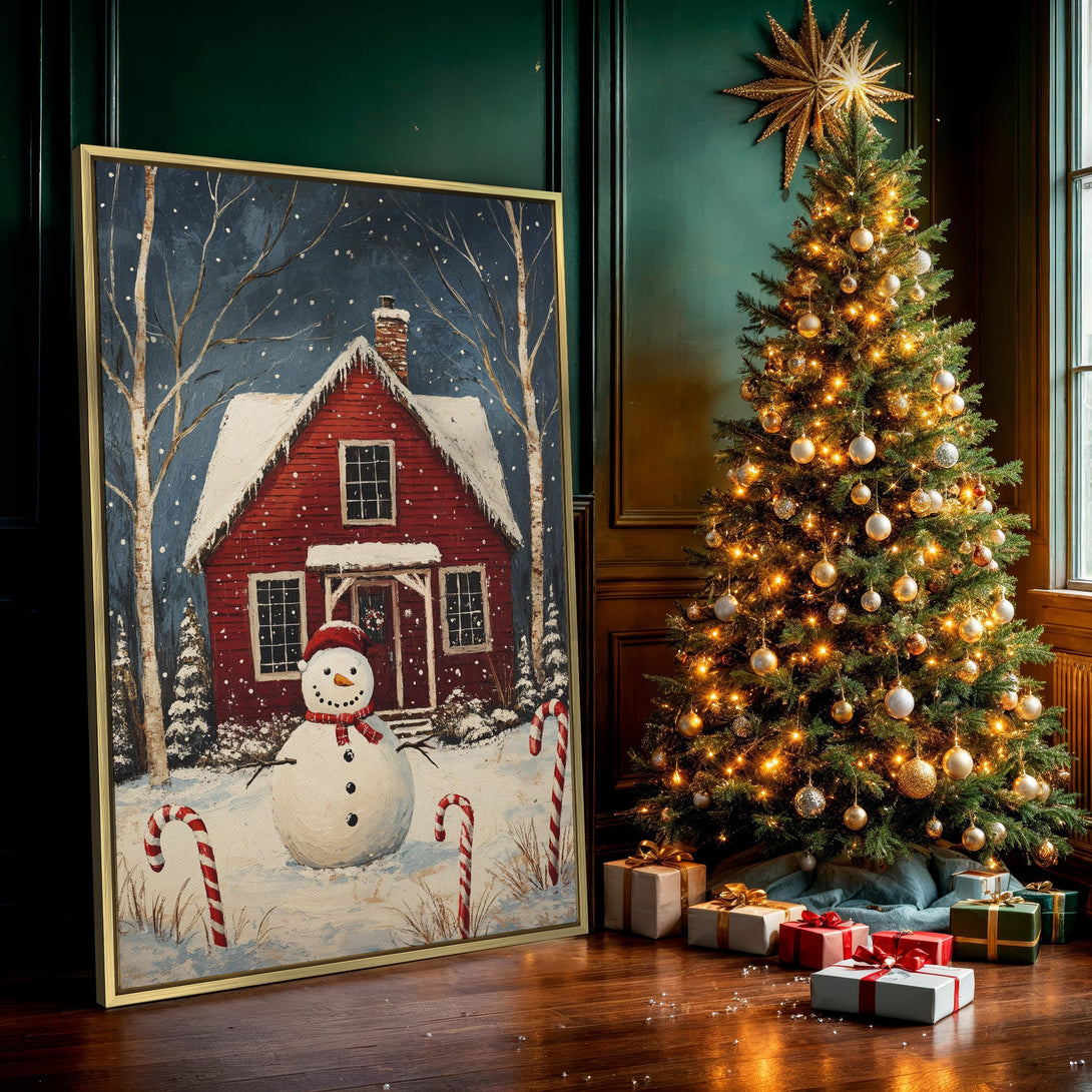 Canvas Print of a winter scene with a red house, snowman, and candy canes. Rustic style with a blue, red, and white color palette. Perfect Christmas decor!