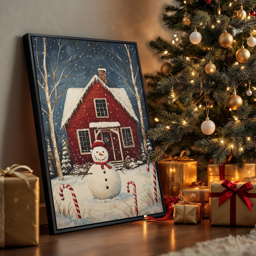 Framed Wall Art: Winter scene with a red house and snowman, snowy landscape, and a festive Christmas tree.  Cozy, rustic style in blue, red, and white.
