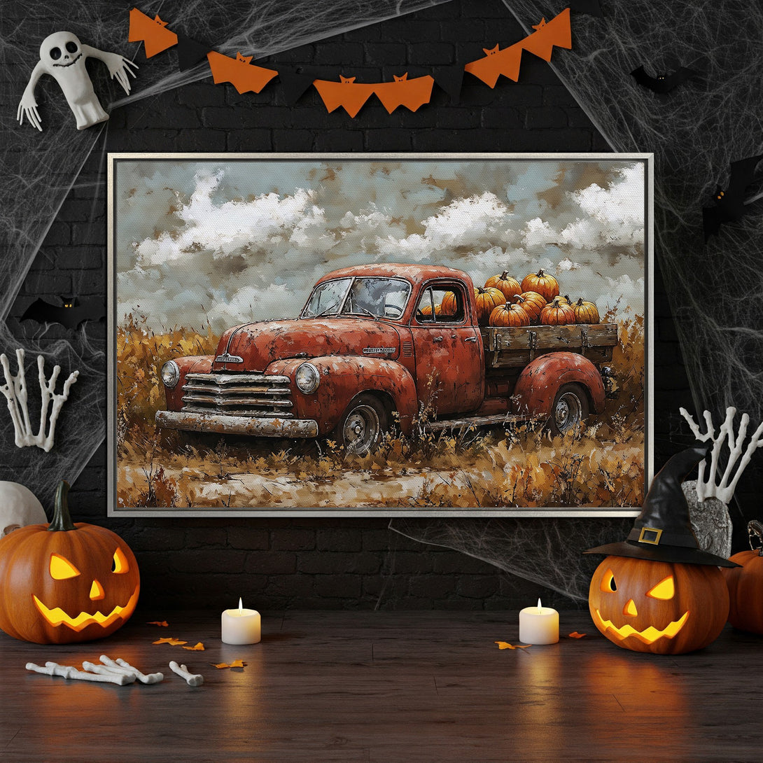 Framed Wall Art: Rustic red truck with pumpkins in a fall landscape. Warm, earthy tones. Perfect autumn decor for your home.