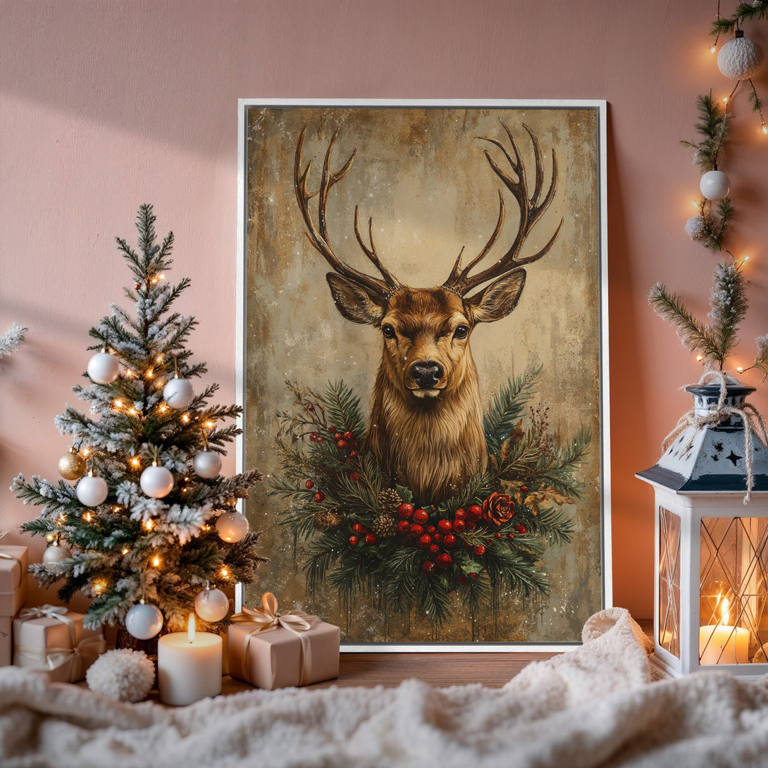 Framed Wall Art: Rustic deer portrait with warm brown tones, perfect for Christmas decor. Enhance your space with this cozy Canvas Print!