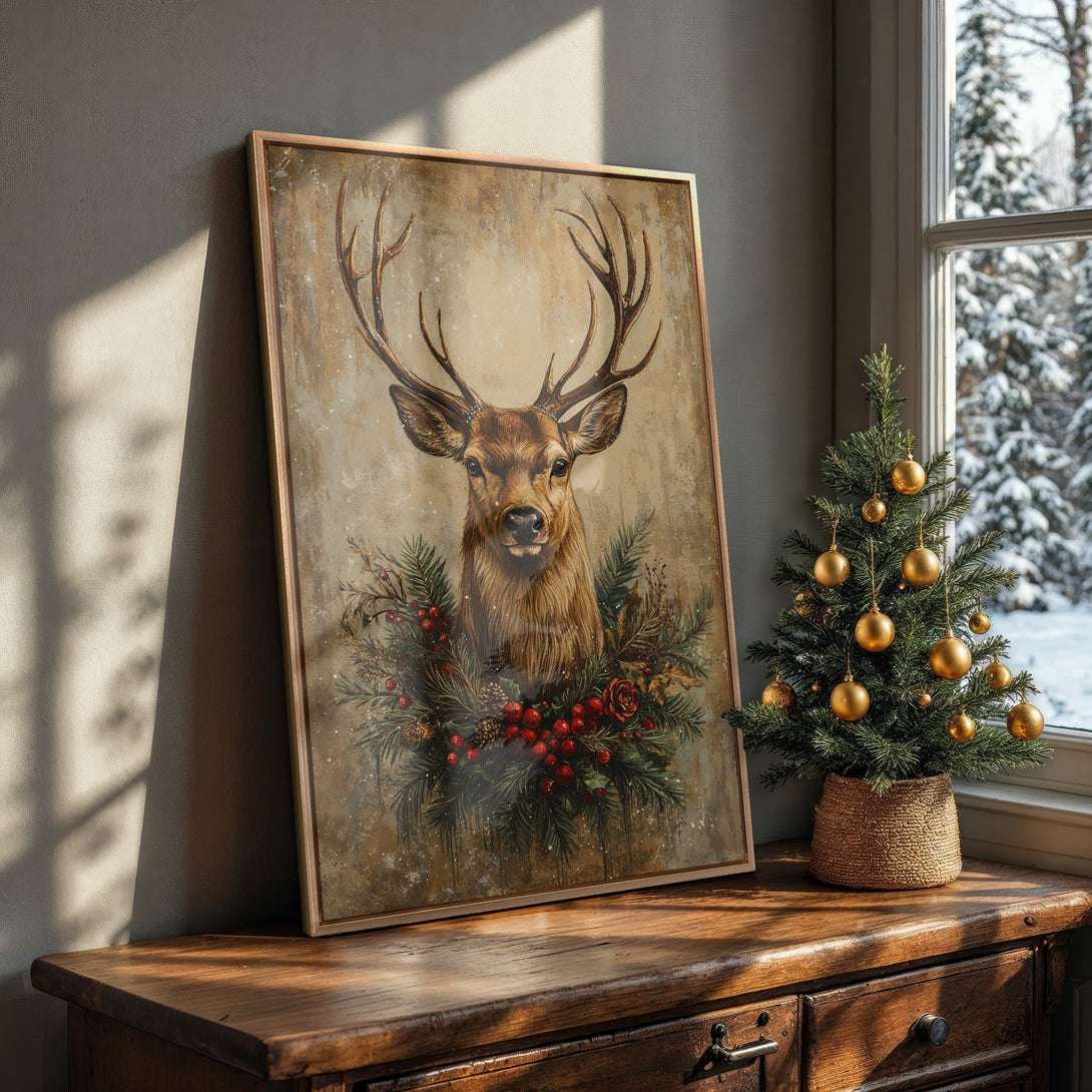 Framed Wall Art featuring a majestic stag with a festive wreath, warm neutral tones. Perfect for holiday decor!