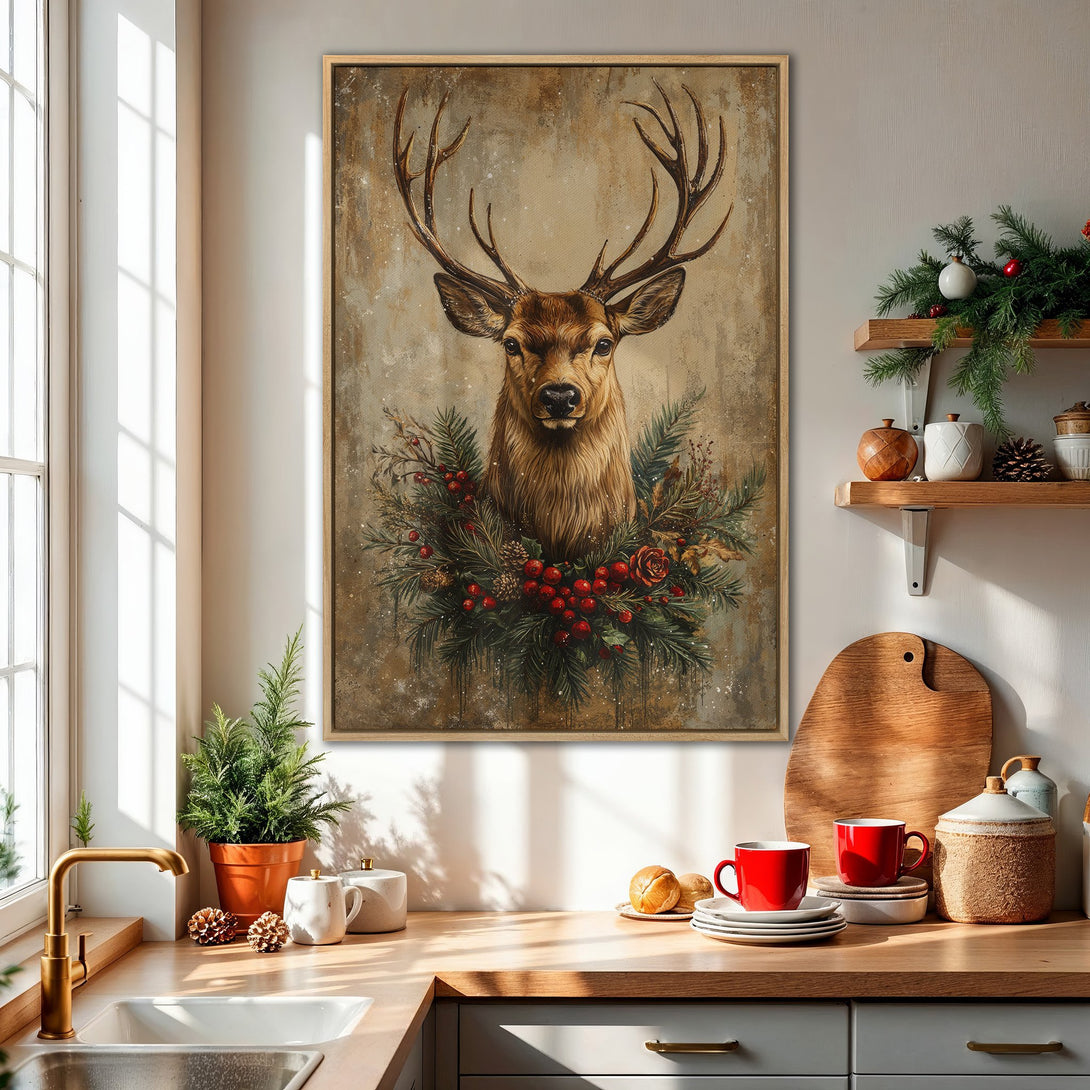Framed Wall Art: Rustic deer portrait with warm brown and red tones. Perfect for adding a cozy, festive touch to your kitchen or living room.