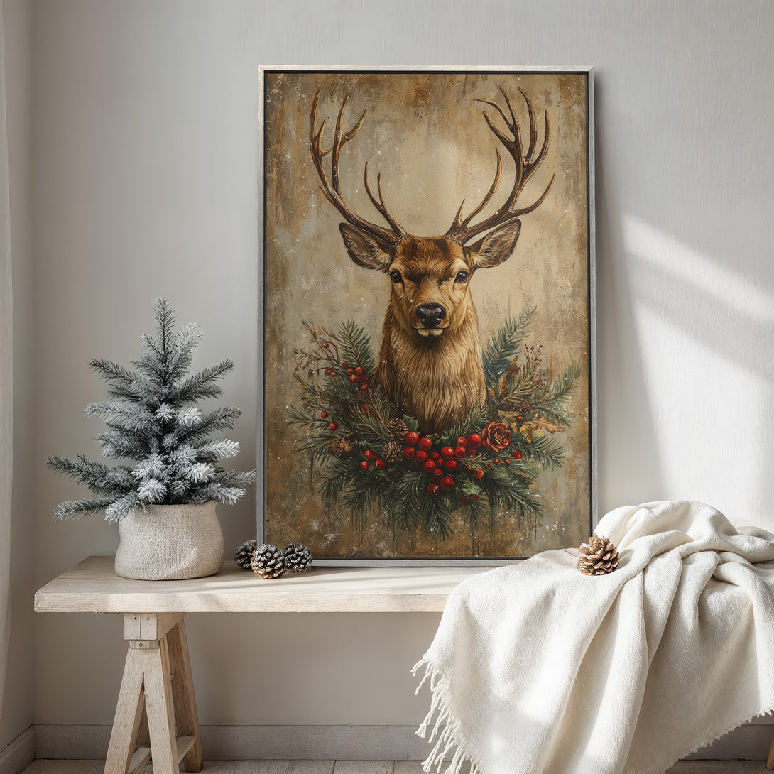 Framed Wall Art: Rustic deer portrait with warm brown and green tones. Perfect for adding cozy, vintage charm to your home decor this holiday season.
