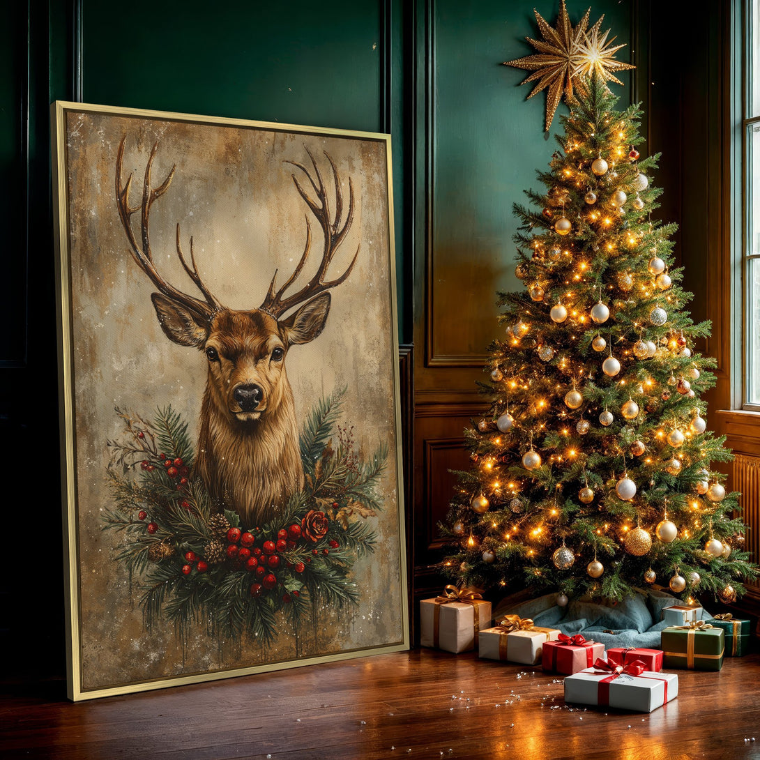 Canvas Print: Rustic deer portrait with warm brown and red tones, perfect for holiday decor. Adds a cozy, vintage style to any space.