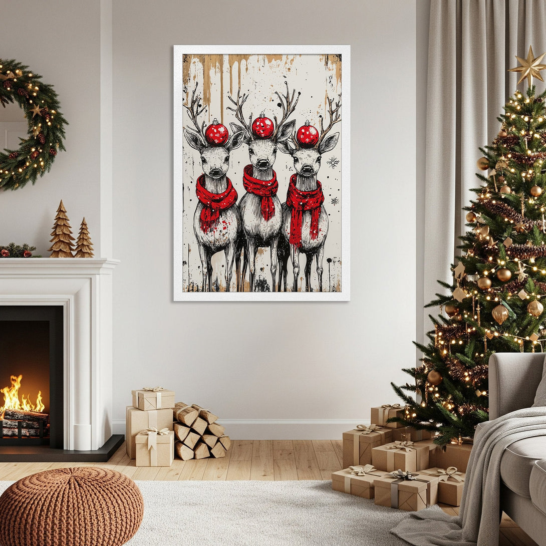 Framed Poster featuring three reindeer with red scarves and ornaments, in a modern, festive style. Neutral color palette.