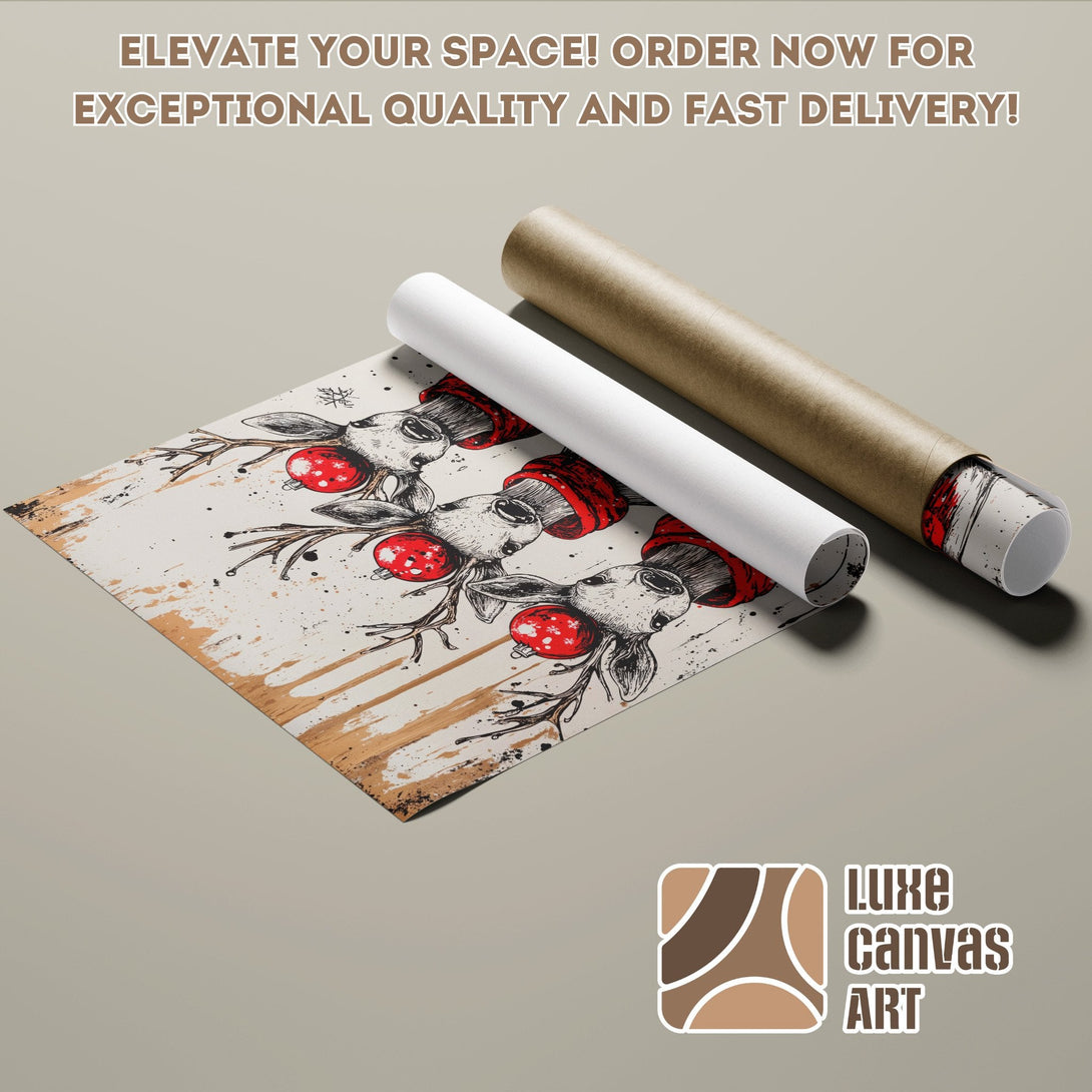 Poster Roll featuring a festive reindeer design in black, red, and neutral tones. Elevate your space!