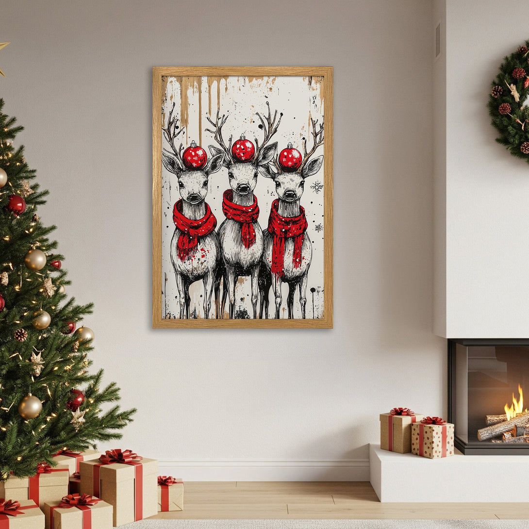 Framed Poster featuring reindeer with red scarves and ornaments, in a rustic style with a red, white, and black color palette. Perfect Christmas decor!