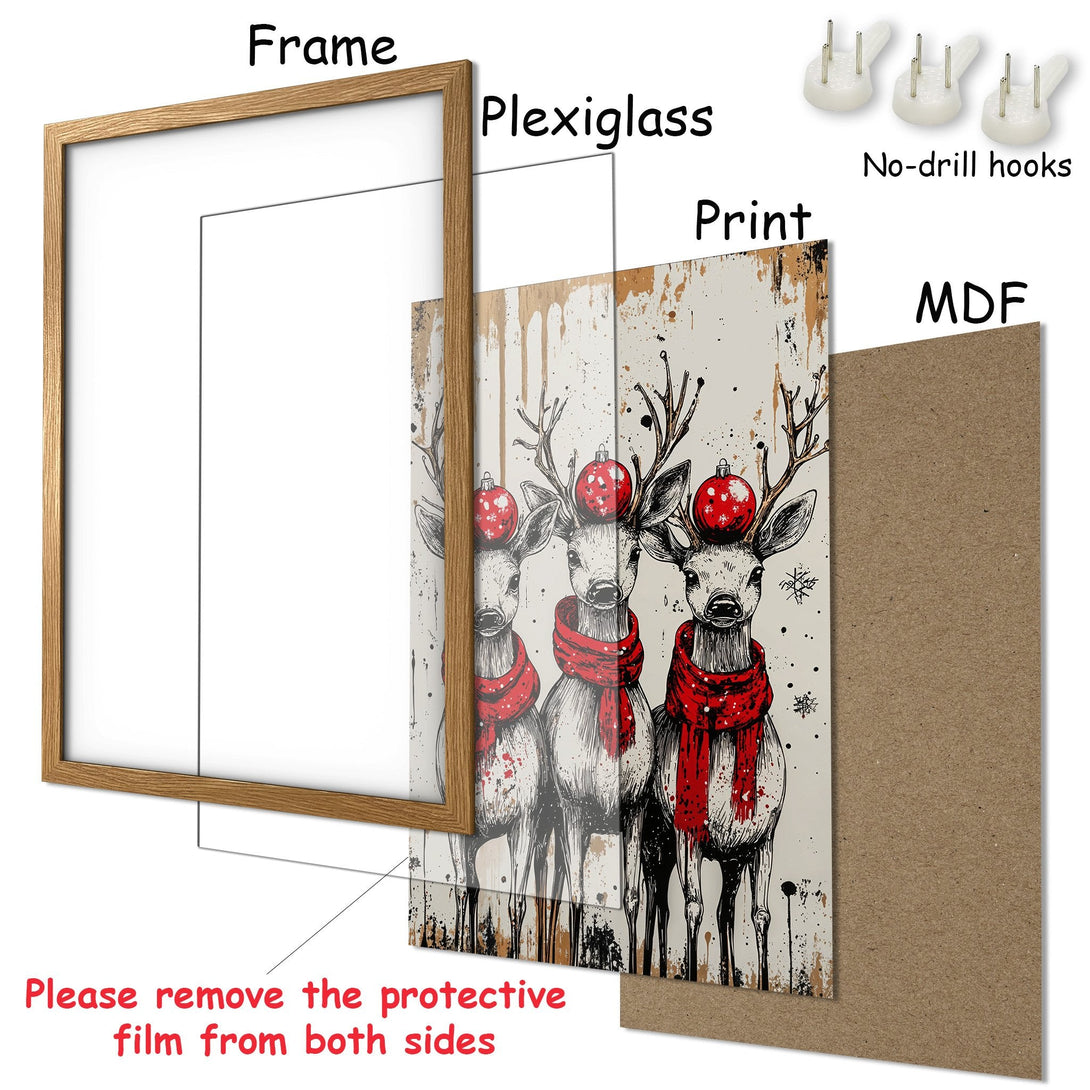 Framed Poster featuring festive deer with red scarves and ornaments. Rustic style, neutral and red color palette. Perfect holiday decor!