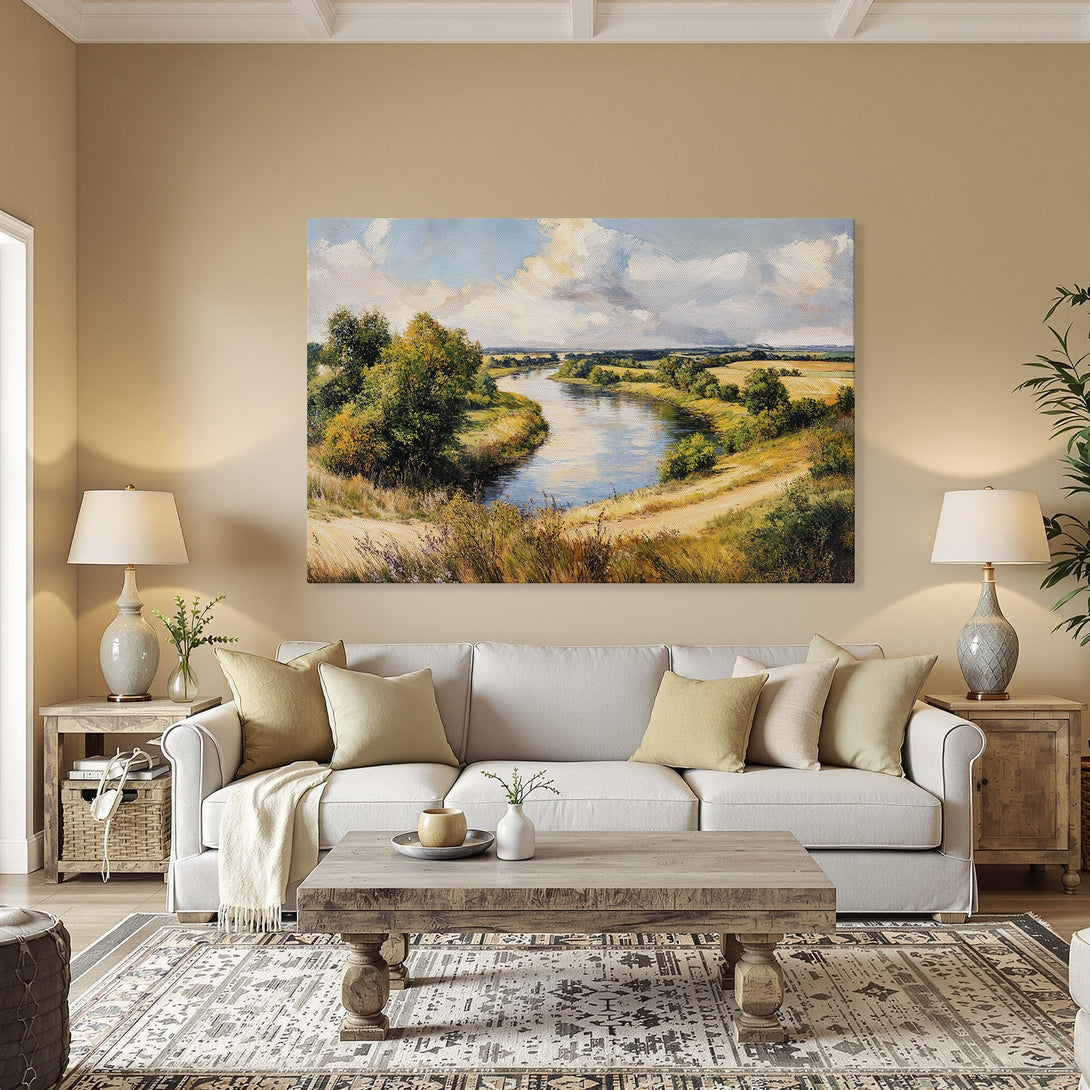 Framed Wall Art: Landscape painting of a river scene in a warm, natural color palette. Perfect for adding a touch of nature to your home.