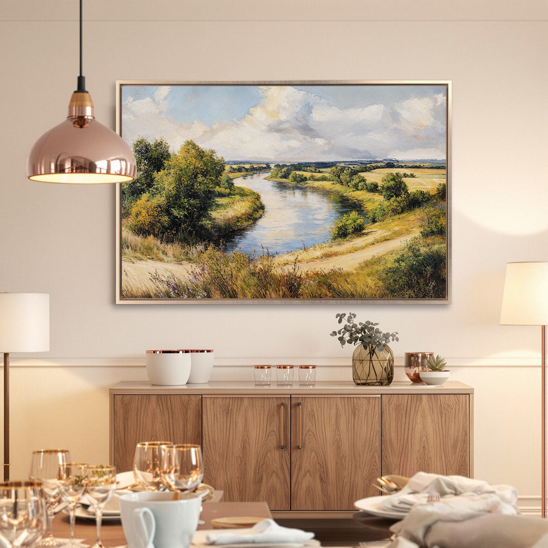 Framed Wall Art: Landscape painting of a river scene in warm, earthy tones. Perfect for adding a touch of nature to your home decor.