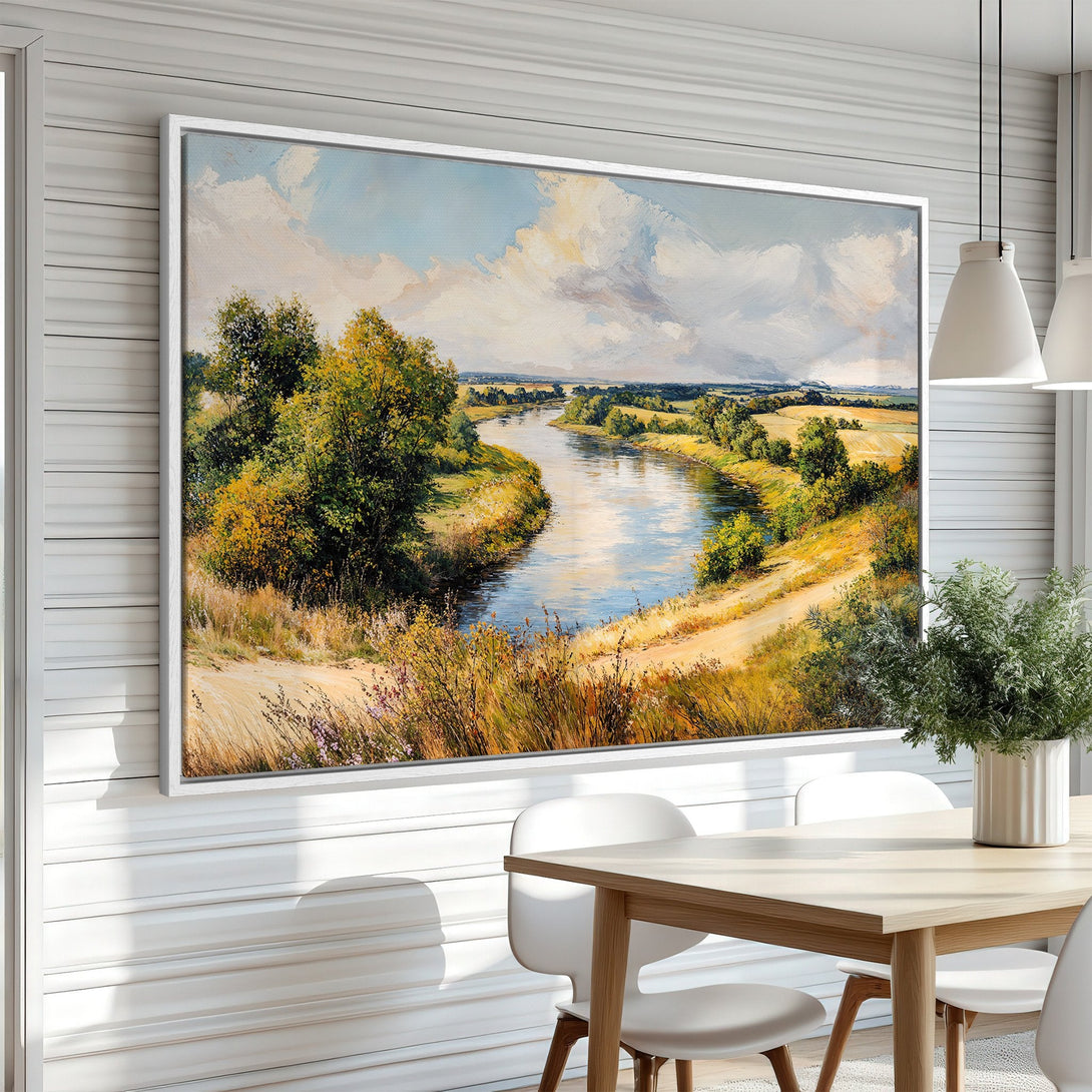 Framed Wall Art: Landscape painting of a river scene in warm yellow, green, and blue tones. Perfect for adding a touch of nature to your space.