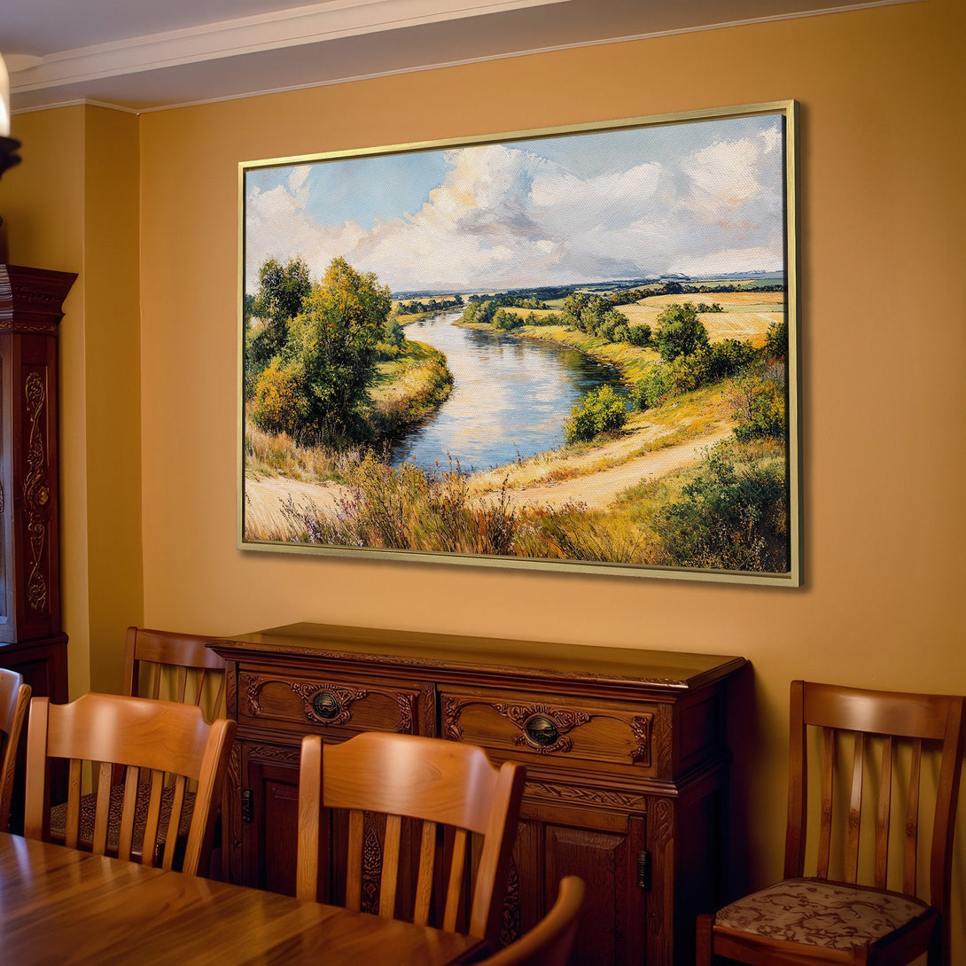 Canvas Print of a serene river landscape in a warm, neutral color palette. Perfect for adding a touch of nature-inspired art to your home.