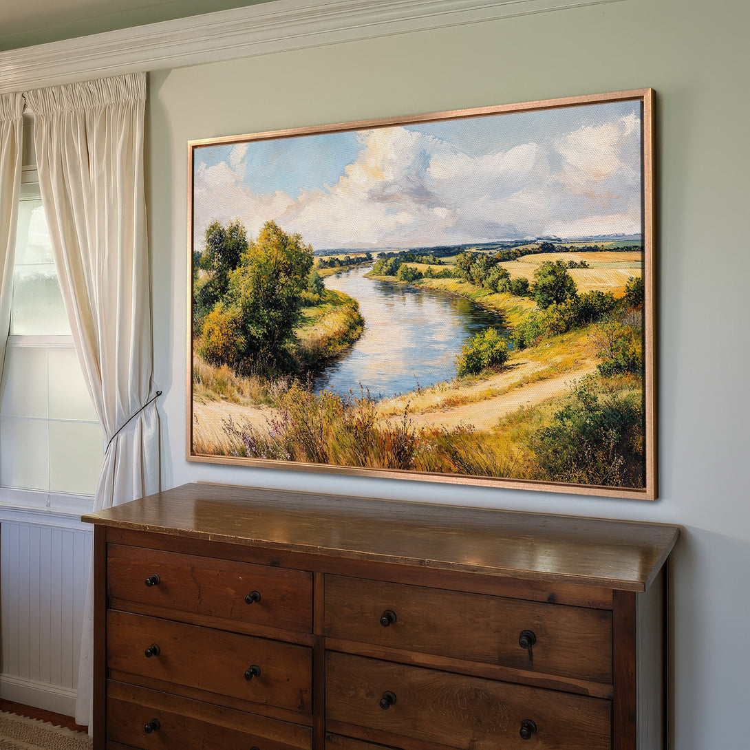 Framed Wall Art: Landscape painting of a river scene in warm, earthy tones. Perfect for adding a touch of nature and sophistication to your home decor.