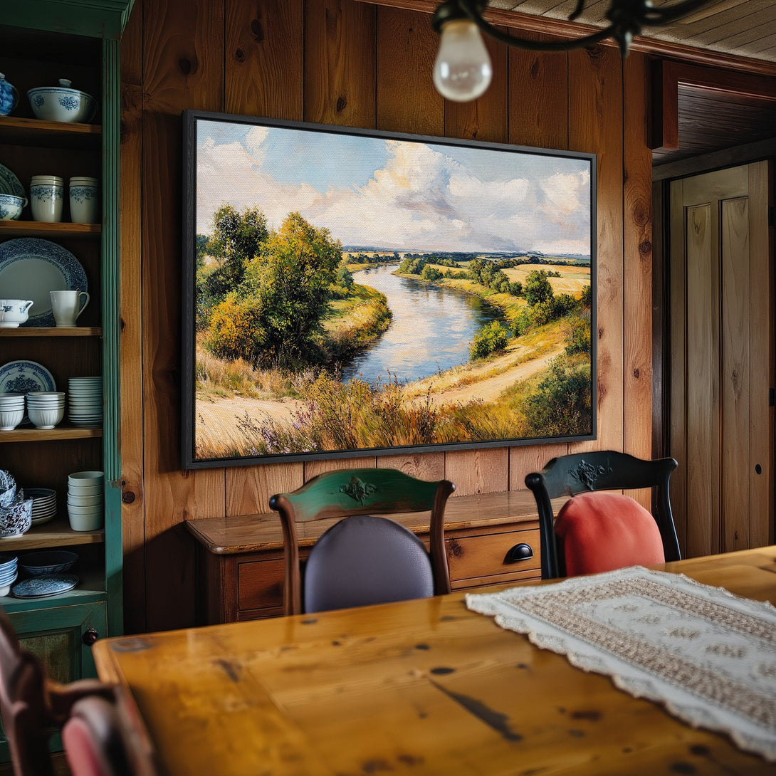 Framed Wall Art: Landscape Canvas Print with river scene, warm earth tones and blue sky. Perfect for rustic home decor.