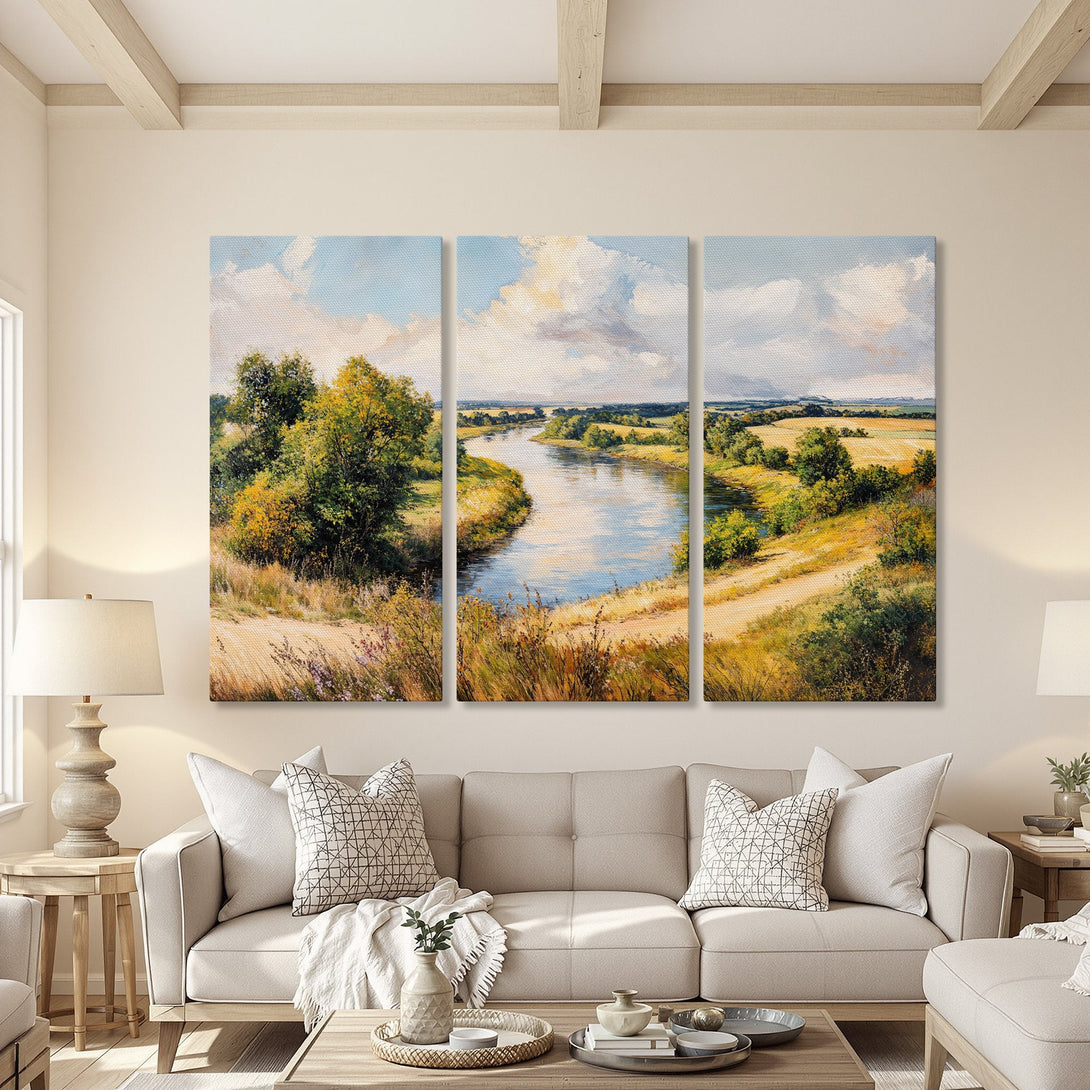 Canvas Print of a serene river landscape painting in warm, earthy tones. Perfect for adding a touch of nature-inspired art to your home decor.