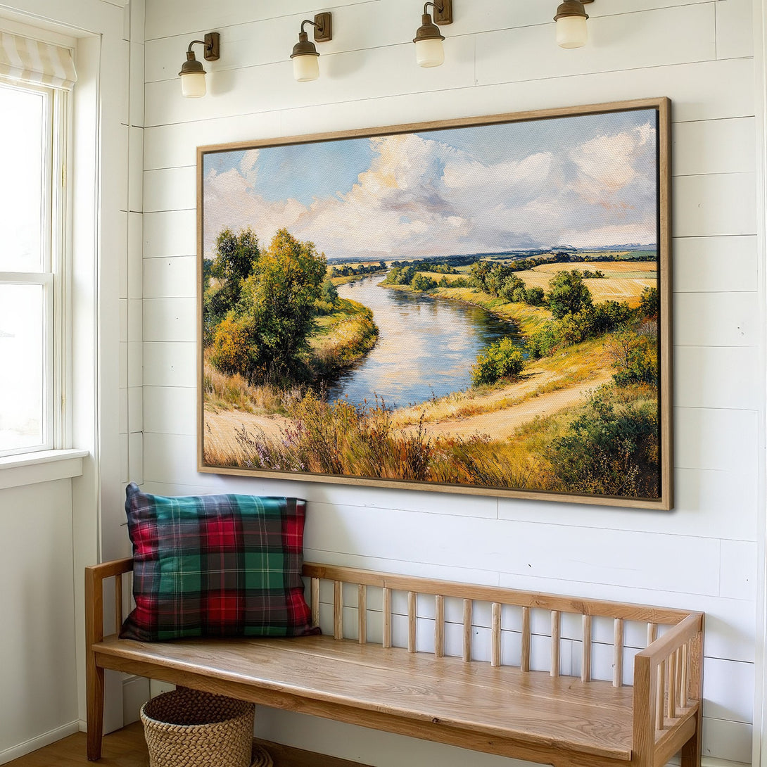 Framed Wall Art: Landscape painting of a river scene in a warm, natural color palette. Perfect for adding a touch of nature to your home decor.