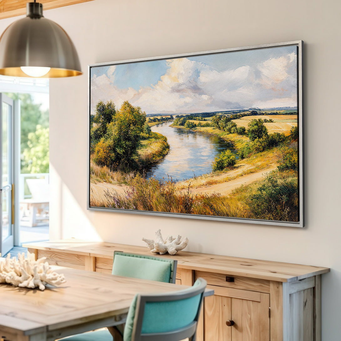 Framed Wall Art: Landscape Canvas Print with river scene, featuring a warm, natural color palette. Perfect for adding a touch of nature to your home decor.