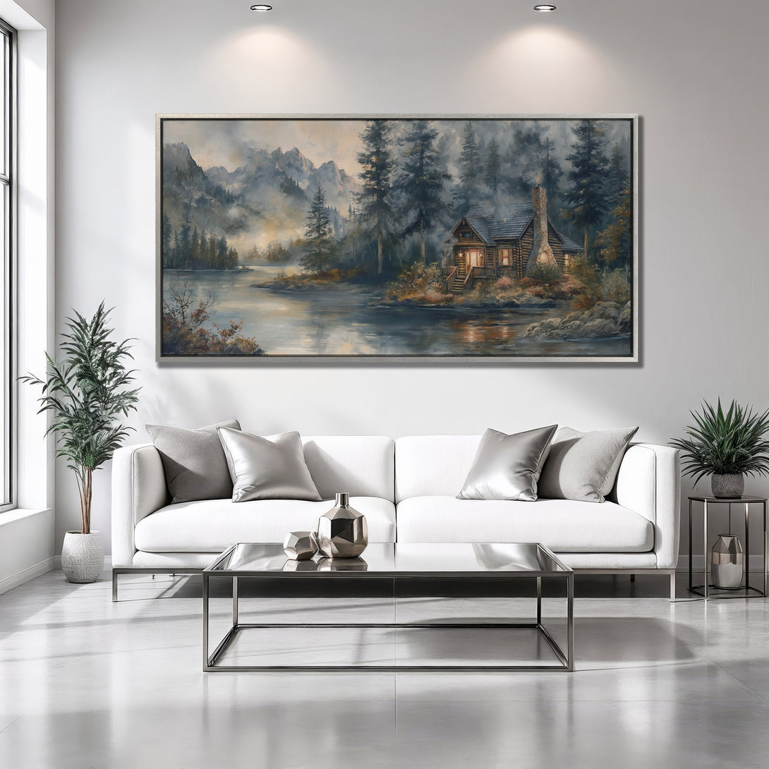 Framed Wall Art: Scenic cabin landscape in muted blues, greens, and browns. Perfect for adding a touch of nature to your home decor.