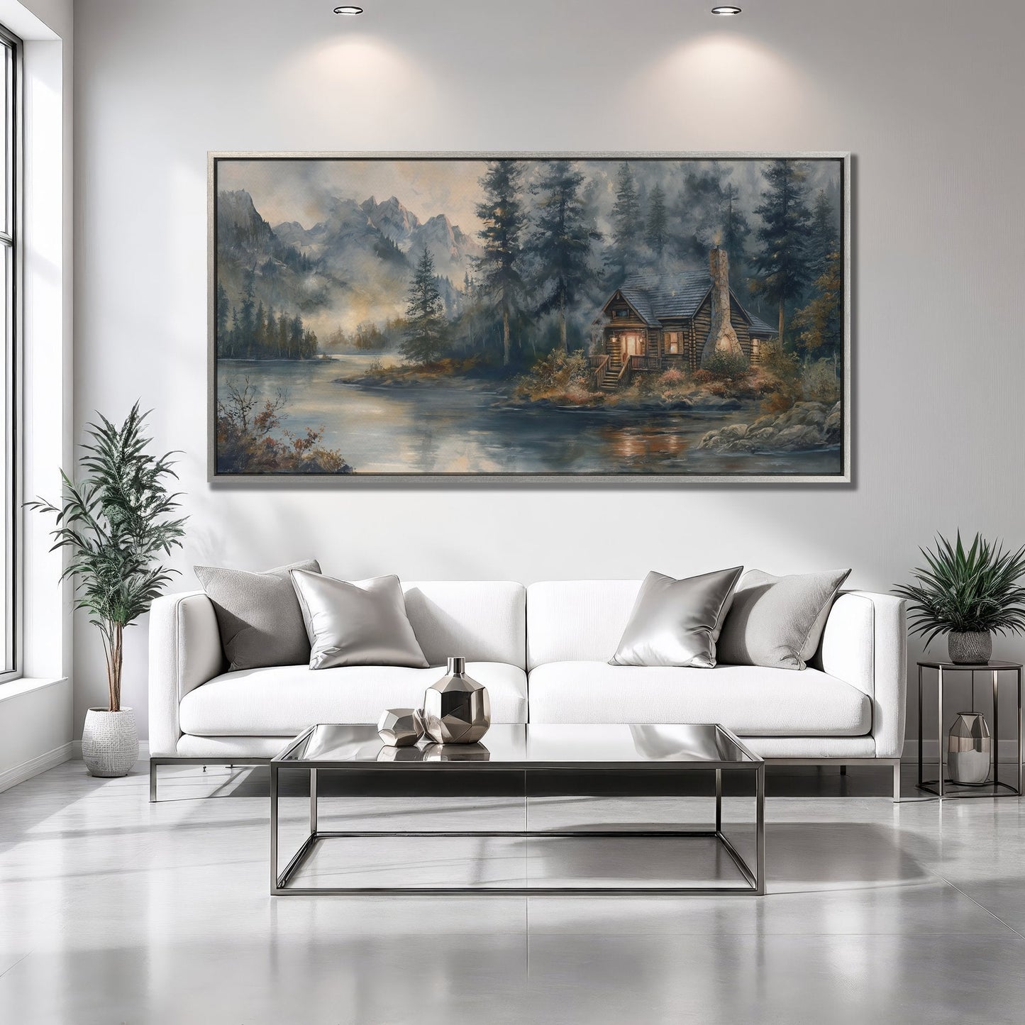 Rustic Riverside Cabin Canvas Print with Misty Mountains