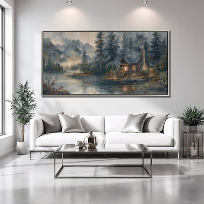 Rustic Riverside Cabin Canvas Print with Misty Mountains