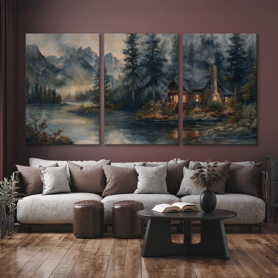 Canvas Print of a serene cabin scene in a misty forest, featuring a calming blue and brown color palette. Perfect for rustic decor.