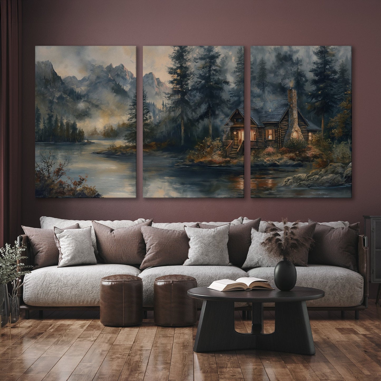Rustic Riverside Cabin Canvas Print with Misty Mountains