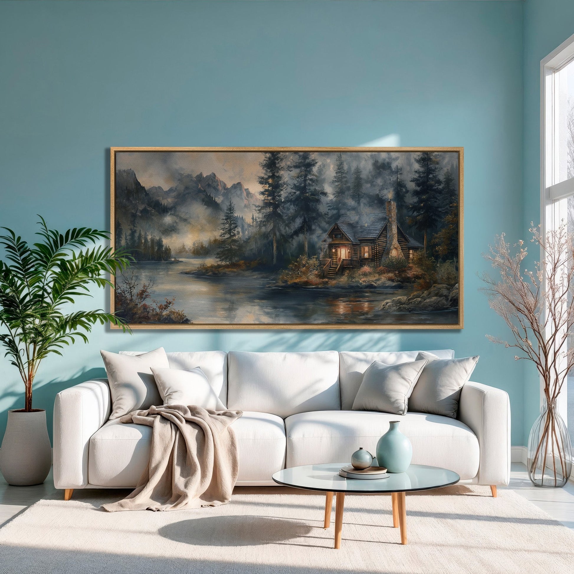 Rustic Riverside Cabin Canvas Print with Misty Mountains