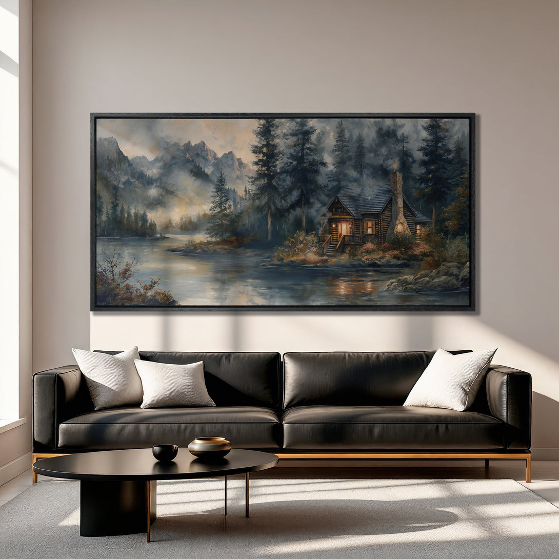 Framed Wall Art: Serene cabin scene canvas print in a moody, cool color palette. Perfect for adding a touch of nature to your living room. Shop now!