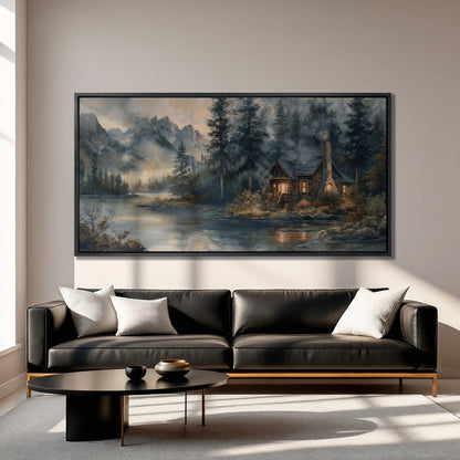 Rustic Riverside Cabin Canvas Print with Misty Mountains