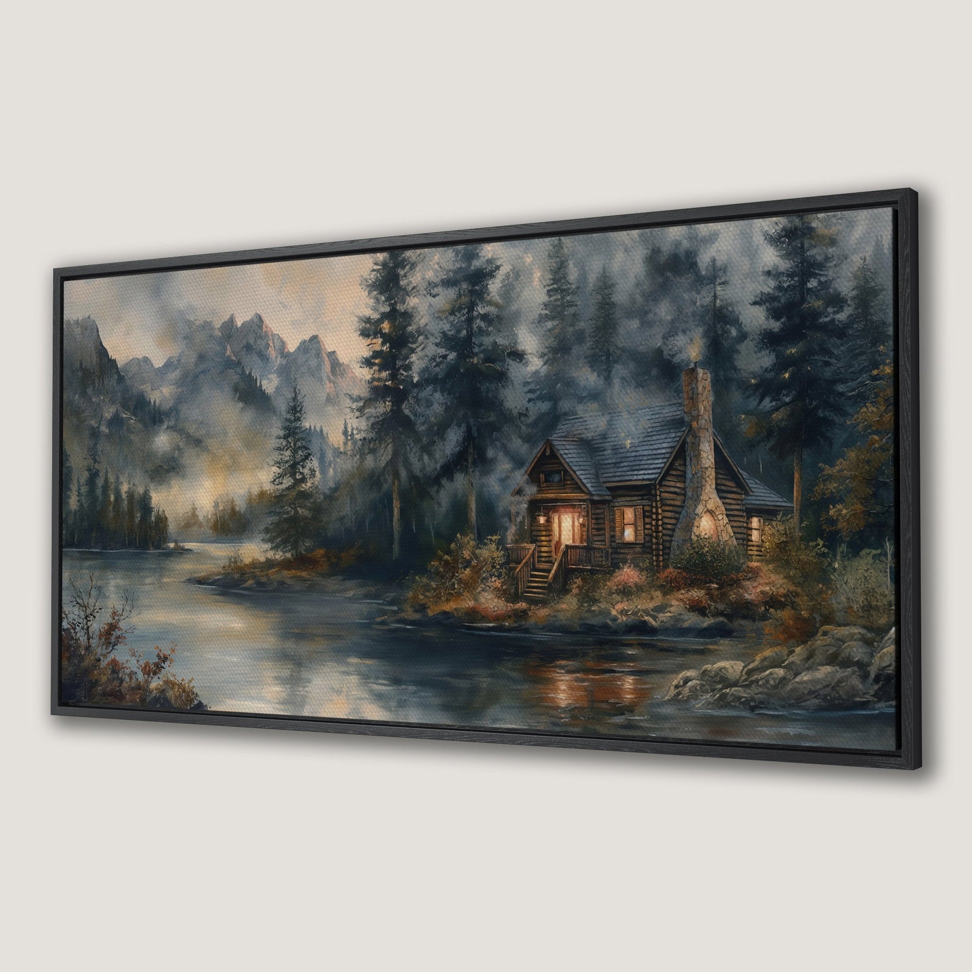 Rustic Riverside Cabin Canvas Print with Misty Mountains