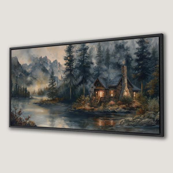 Framed Wall Art Canvas Print of a cozy cabin by a lake. Serene landscape painting with a cool, muted color palette. Perfect for a rustic decor.