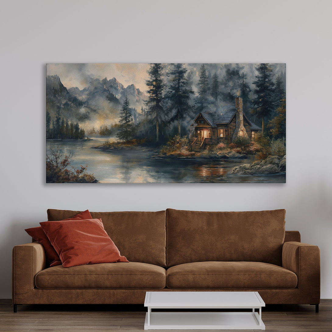 Framed Wall Art: Cozy cabin scene in a misty forest, with cool blues and greens. Perfect for adding a touch of nature to your home decor.